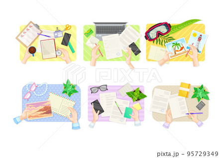 View from above of human hands filling check mark on to do list, writing letters, signing paper documents and postcards set vector illustration View from above of human hands filling check mark on to do list, writing letters, signing paper documents and postcards set vector illustration 95729349