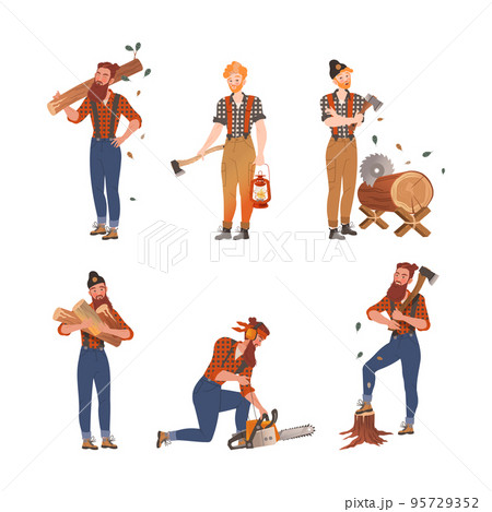 Lumberjack male characters cutting trees set. Loggers or woodcutters in workwear vector illustration 95729352