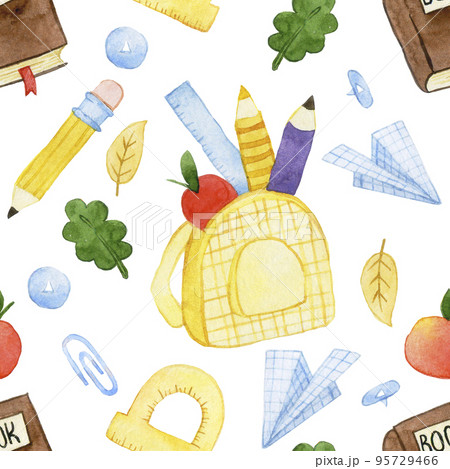 seamless watercolor pattern with school supplies. theme back to school. cute baby print. 95729466