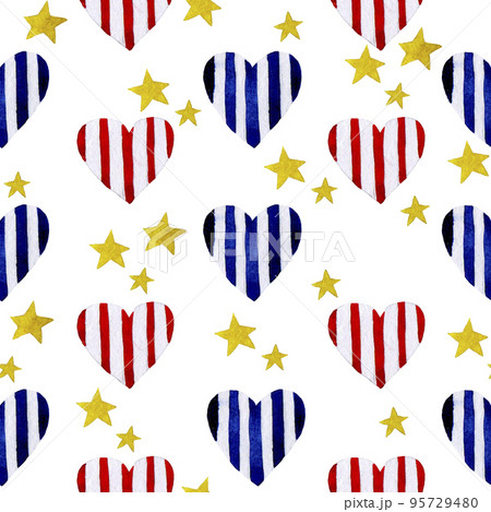 watercolor seamless pattern for American Independence Day. July 4, USA Independence Day. cute print with hearts and stars, flag colors. 95729480