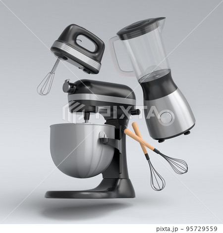 Mixer and hand mixer with kitchen utensil for preparation of dough on white Mixer and hand mixer with kitchen utensil for preparation of dough on white 95729559
