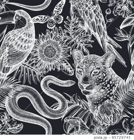 Tropical animals seamless pattern background design. Engraved style. Hand drawn leopard, snake, toucan, scarlet macaw, african giant swallowtail, monstera, strelitzia, tropical palm leaves, orchid 95729745