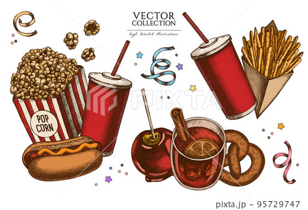Carnival food vintage illustrations collection. Hand drawn logo designs with french fries, pretzel, popcorn, lemonade, hot dog, mulled wine, caramel apple, ribbons. Carnival food vintage illustrations collection. Hand drawn logo designs with french fries, pretzel, popcorn, lemonade, hot dog, mulled wine, caramel apple, ribbons. 95729747
