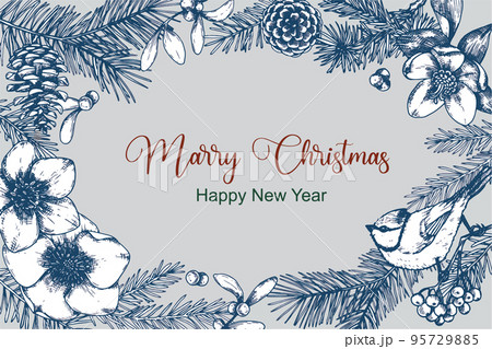 vector drawing christmas card, frame. vintage graphics, retro style, sketch. Christmas plants, holly, mistletoe, Christmas tree branches and cones vector drawing christmas card, frame. vintage graphics, retro style, sketch. Christmas plants, holly, mistletoe, Christmas tree branches and cones 95729885