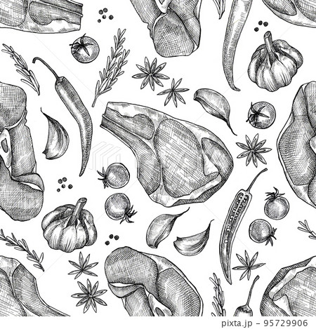 graphic drawing seamless pattern in retro style. cooking meat products. steak, beef, pork spices and vegetables in vintage style 95729906