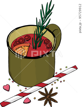 vector illustration, christmas drink mulled wine. mulled wine from red wine in a mug with berries and fruits. non-alcoholic mulled wine with spices in mug with a straw. festive, hot drink on white 95729912