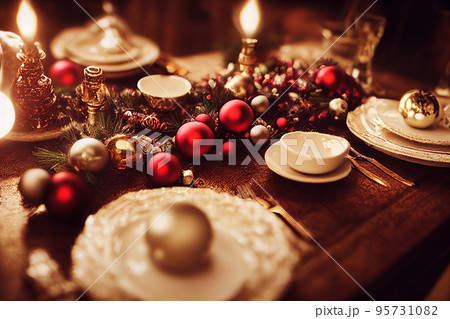 festive dinner table setting for Christmas festive dinner table setting for Christmas 95731082