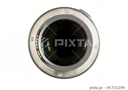 Camera photo lens close-up on white background with lense reflections. 95731299