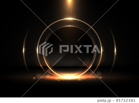 Abstract golden circles lighting flames effect sparkling with bokeh and gold glitter particles on black background luxury style 95732391