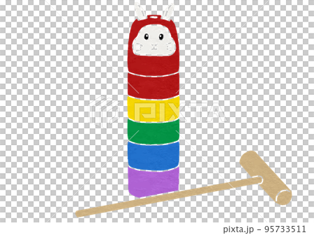 うさぎ顔のだるま落としのイラスト（版画風） 95733511