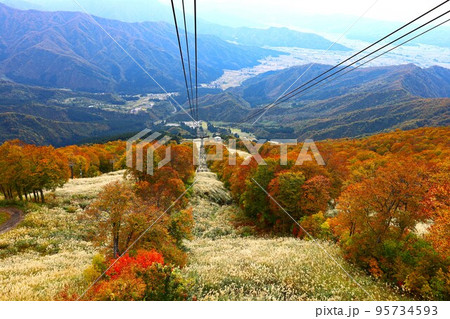 八海山ロープウェイから山麓駅と六日町市街を臨む秋の風景 95734593