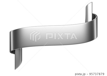 3d label ribbon. Glossy silver blank plastic banner for advertisment, promo and decoration elements. High quality isolated render 95737879