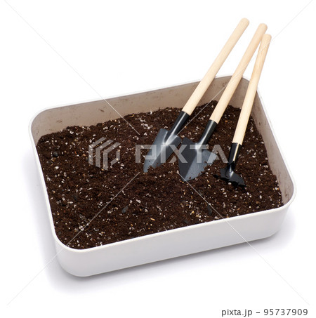 plastic box with substrate soil for transplanting houseplants isolated on white background 95737909