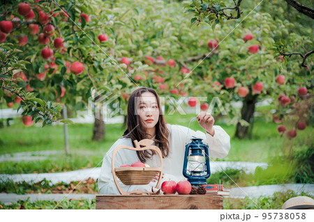 収穫したリンゴとランタンを持った女性 収穫したリンゴとランタンを持った女性 95738058