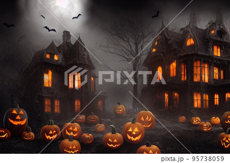 Halloween Haunted House. Pumpkins, candles, gloomy atmosphere. Neural network generated art. Digitally generated image. Not based on any actual scene or pattern.  95738059