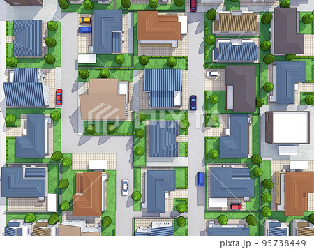 住宅街　真俯瞰　アウトライン入り　家　背景 95738449