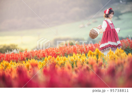 花畑の中で赤ずきんの格好をして楽しそうにしている女性 花畑の中で赤ずきんの格好をして楽しそうにしている女性 95738811