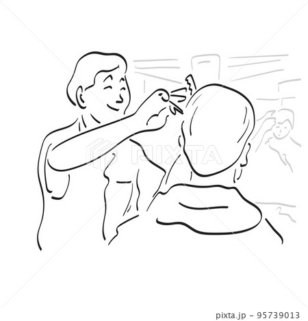 Male hairdresser making a haircut with scissors for a young man in barber shop illustration vector hand drawn isolated on white background line art. 95739013