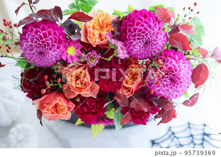 ピンクのダリア秋の花束 95739369