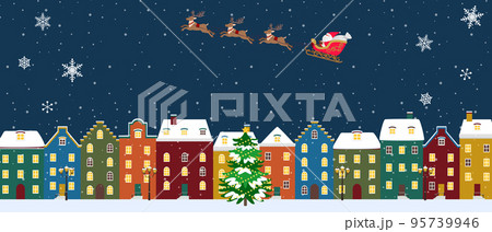 クリスマス背景イラスト　そりに乗ったサンタクロース　 ヨーロッパの街並み 95739946