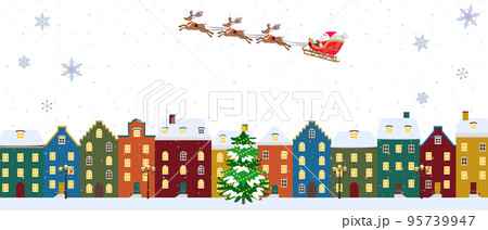 クリスマス背景イラスト　そりに乗ったサンタクロース　 ヨーロッパの街並み 95739947