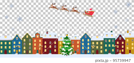 クリスマス背景イラスト　そりに乗ったサンタクロース　 ヨーロッパの街並み 95739947