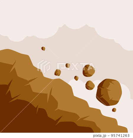 Rock rolls off cliff. Falling boulder. Rockfall and landslide. Brown earth. Flat cartoon illustration. Business concept of crisis and problems. Element of nature and mountains 95741263