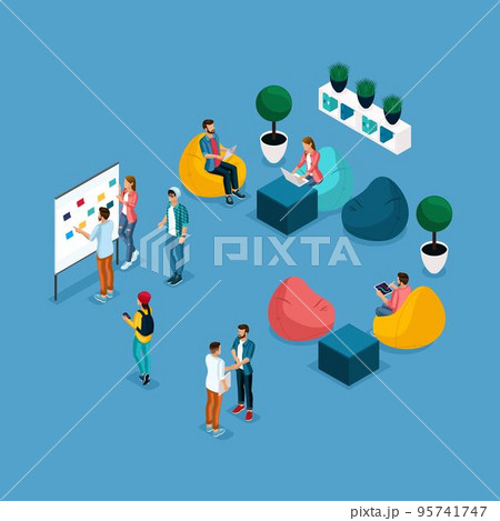 Trendy Isometric people and gadgets coworking center, training and discussion, soft krasla pear, working environment freelancers communicate are isolated on a blue background 95741747