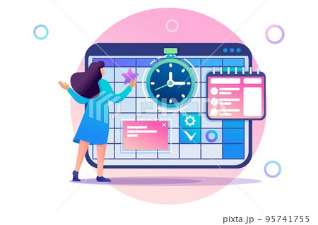 Young girl engaged in time management and business planning for a month. Flat 2D character. Concept for web design 95741755