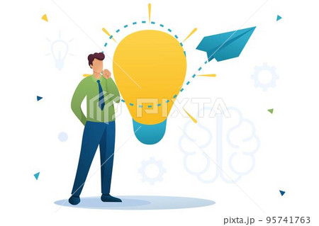 Young man launches a business idea, a business startup. Brainstorm business ideas. Flat 2D character. Concept for web design 95741763