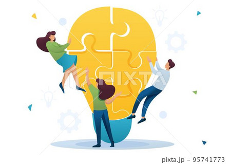 Young team Creates an idea, team work of a young team. Brainstorm business ideas. Flat 2D character. Concept for web design 95741773