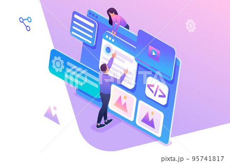Isometric concept young people are engaged in web design, website page development. Concept for web design 95741817