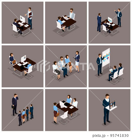 Business people isometric set of women and men in a set of 3D business concept isolated on a dark background 95741830