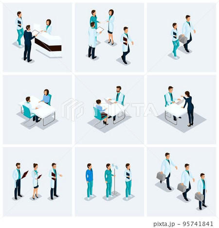 Set Isometric health care providers, surgeons, nurse, doctor kits Hospital 3D concept isolated on a light background 95741841