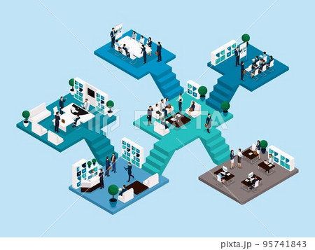 Isometric icon of many storey office building with stairs and bathrooms, office workers 3D business men and women. Vector illustration Isometric icon of many storey office building with stairs and bathrooms, office workers 3D business men and women. Vector illustration 95741843