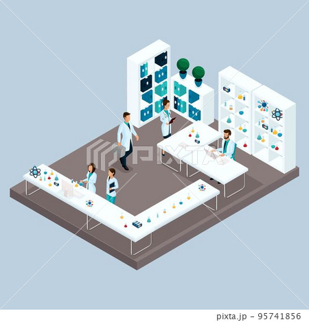 Set Trendy isometric people. Medical staff, hospital, doctor, nurse, surgeon, medical laboratory technician in the room to be tested isolated on a light background. Vector illustration 95741856