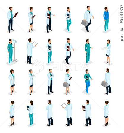 Set Trendy isometric people. Medical staff, hospital, doctor, nurse, surgeon. Physicians front view rear view, standing position isolated on white background 95741857