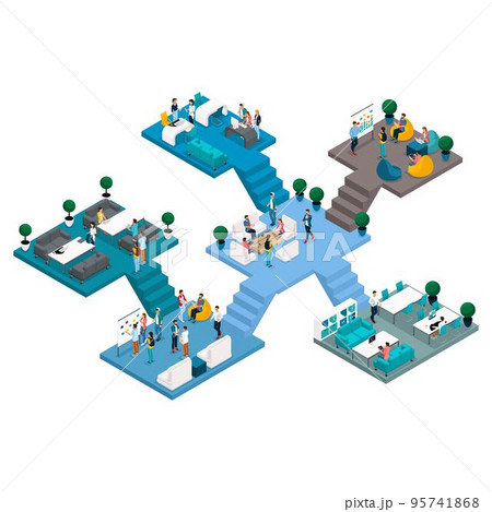 Luxury Isometric icons many storeyed building center in co working with stairs and bathrooms, free, creative people, freelancers work, socialize in a comfortable 95741868