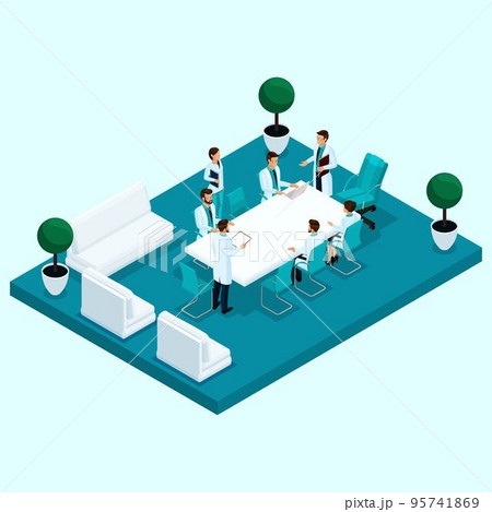 Set Trendy isometric people. Medical staff, hospital, doctor, surgeon, nurse, communication, meeting, council, meeting in the office isolated on a light background. Vector illustration 95741869