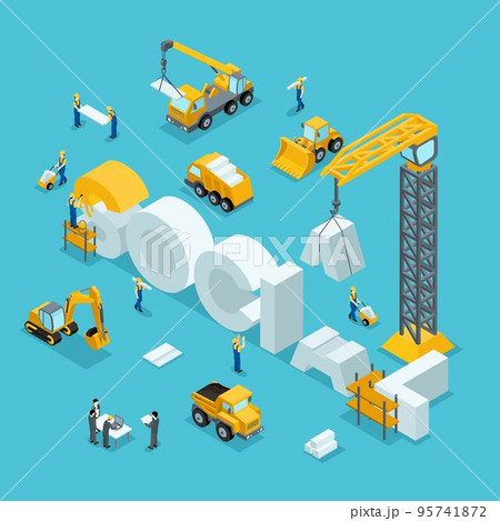 Isometric 3D Building of business ideas, brand, society. Working people in the construction work. The development plan of the invention. Building Isometric People 95741872