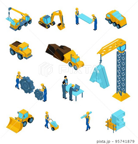 Set Isometric icons for construction workers, crane, machinery, power, transport, managers, laptop, clothes isolated on white background 95741879