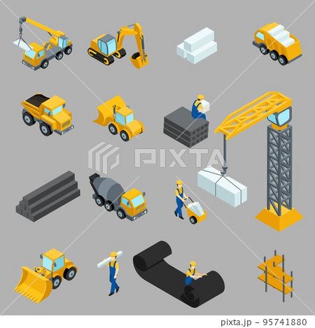 Set Isometric icons for construction workers, crane, machinery, power, transportation, clothing, buses on a gray background 95741880