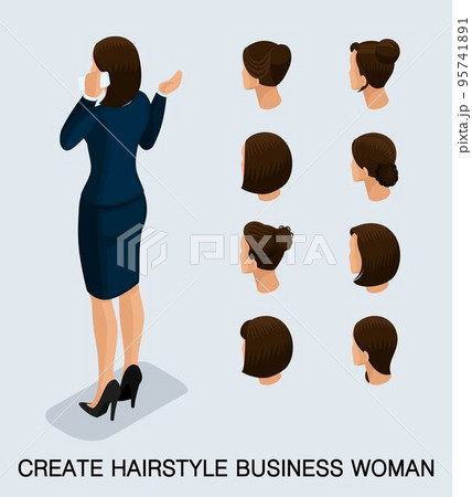 Set 5 Fashion isometric 3D business lady, a set of women's haircuts, styling, hair, hair color. Rear view isolated on a light background. Vector illustration Set 5 Fashion isometric 3D business lady, a set of women's haircuts, styling, hair, hair color. Rear view isolated on a light background. Vector illustration 95741891