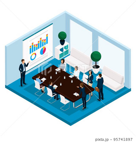 Trend isometric people, a room, an office manager is a front view, a large office desk, negotiation, meeting, board, meeting, brainstorm, businessmen in suits isolated on a light background 95741897