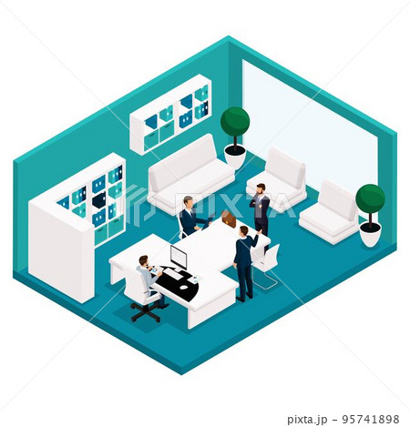 Trend isometric people, a room, an office manager rear view, a large table for meetings, negotiations, meetings, brainstorming, businessmen in suits isolated on a light background. Vector illustration Trend isometric people, a room, an office manager rear view, a large table for meetings, negotiations, meetings, brainstorming, businessmen in suits isolated on a light background. Vector illustration 95741898