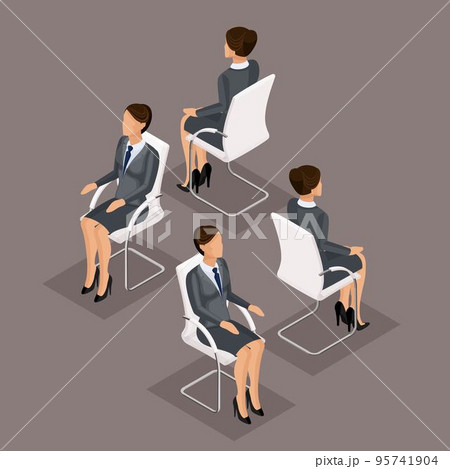 Trend Isometric People Set 2, 3D business woman in business suit, sitting on a chair, front view and rear view isolated on a dark background. Vector illustration 95741904