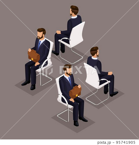 Trend Isometric People Set 3, 3D businessmen in suits, sitting on a chair, front view and rear view isolated on a dark background. Vector illustration Trend Isometric People Set 3, 3D businessmen in suits, sitting on a chair, front view and rear view isolated on a dark background. Vector illustration 95741905