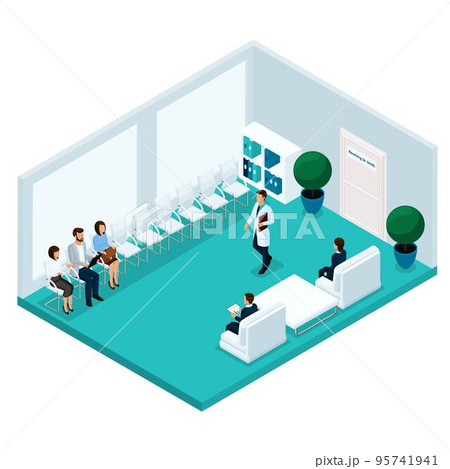 Trendy isometric people, a hospital corridor, waiting at the doctor's office, in turn, patients are isolated on a light background 95741941