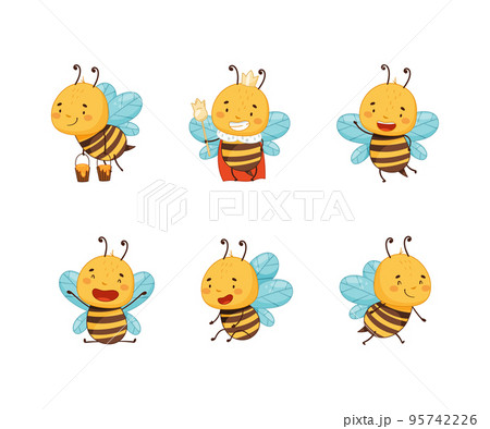Cute happy funny honey bees set. Beekeeping and apiculture cartoon vector illustration 95742226