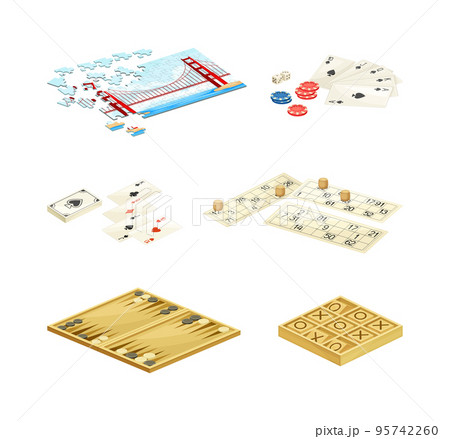Board games set. Puzzle, scrabble, go, poker, lotto recreational and competitive game vector illustration Board games set. Puzzle, scrabble, go, poker, lotto recreational and competitive game vector illustration 95742260